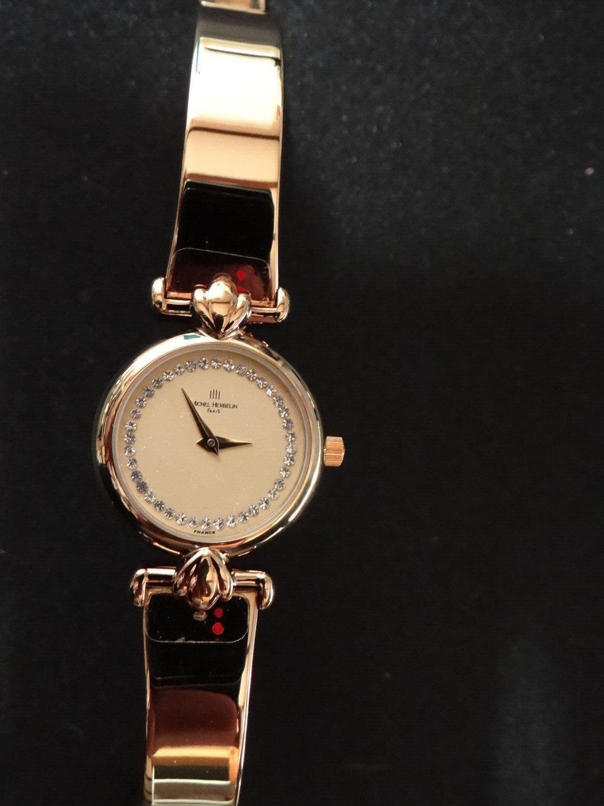 Wristwatch, Lady's, French Michel Herbelin Watch Faux Diamond Gold Bracelet