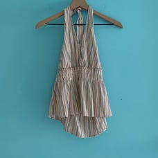American Eagle Stripe Linen Smocked Halter Top S