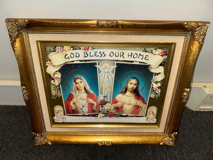Vintage Sacred Heart of Jesus and Mary Home Blessing Catholic Framed Art 18x15