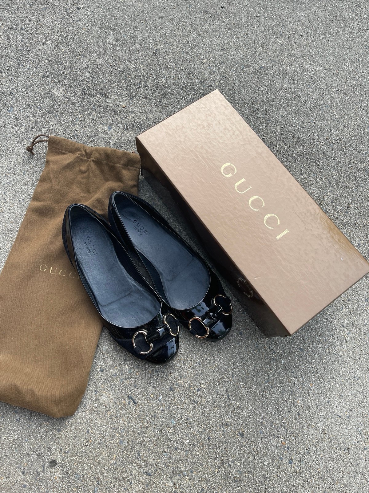 GUCCI Flats 6B Black Patent leather/ suede Round Toe Ballet Flats