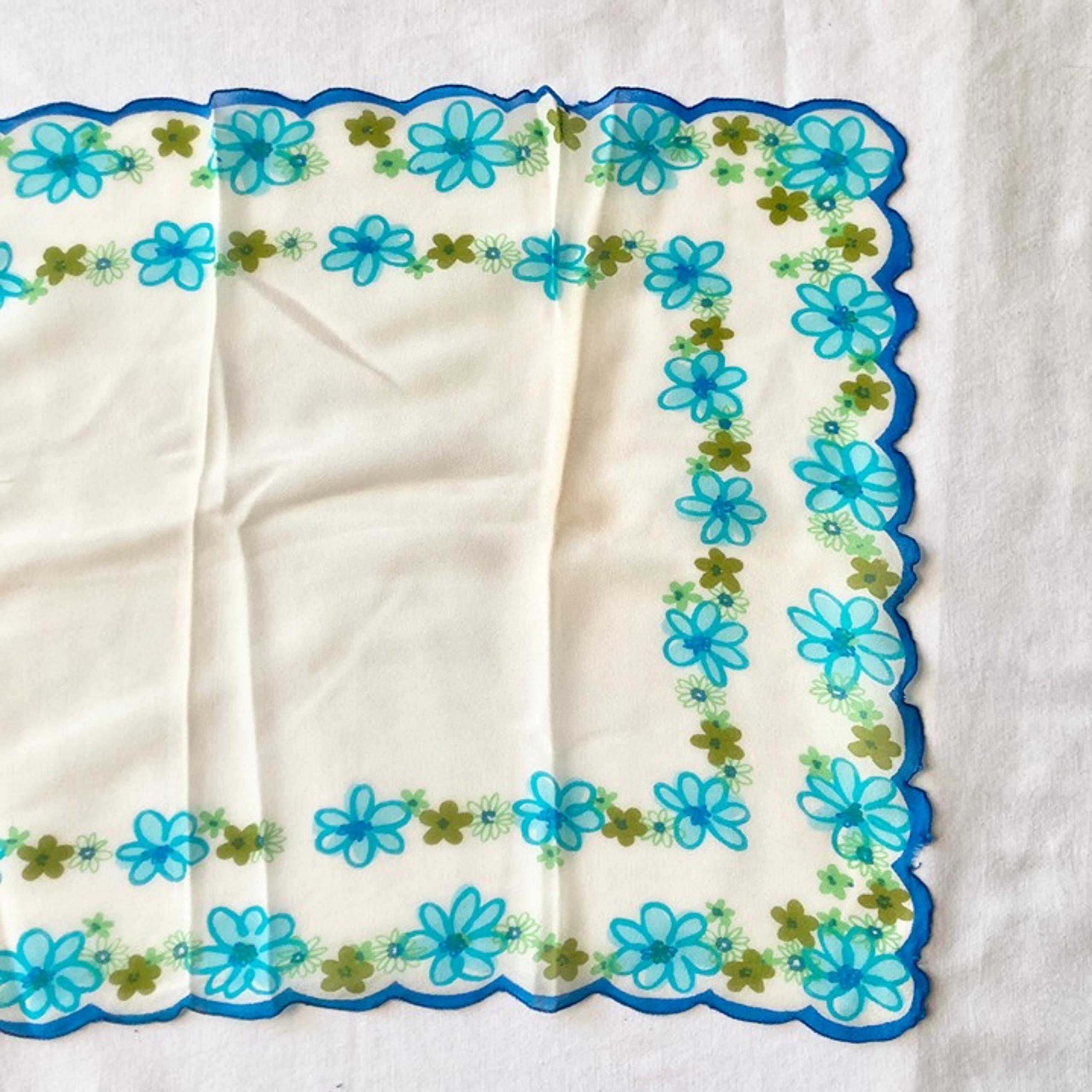 Vintage Flower Power Aqua Blue Chiffon Rectangle Scarf Scalloped Edge Japan