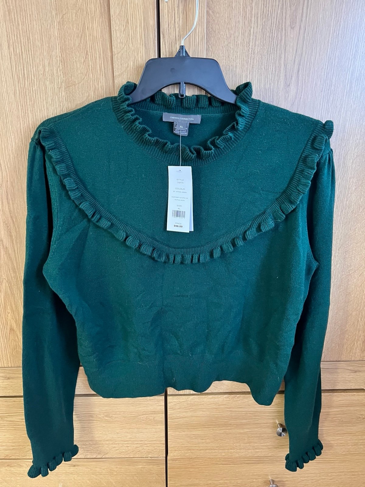 FRENCH CONNECTION GREEN SWEATER TOP RUFFLE DETAIL SZ XL BRAND NEW WITH TAGS BNWT