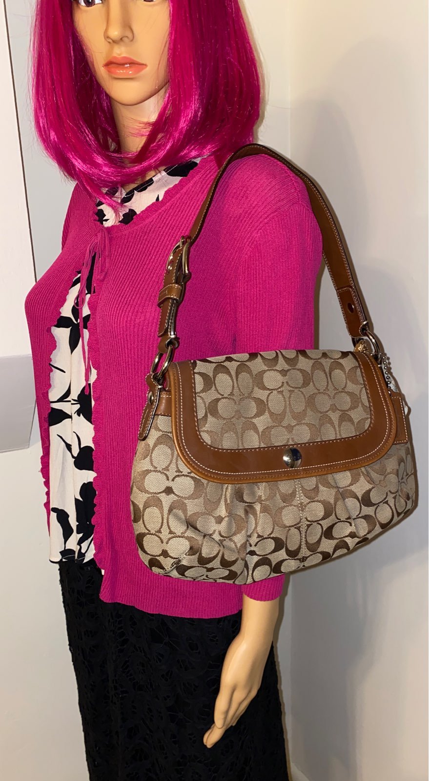 Authentic Coach Hobo Handbag Purse Monogram Canvas in Brown/Tan