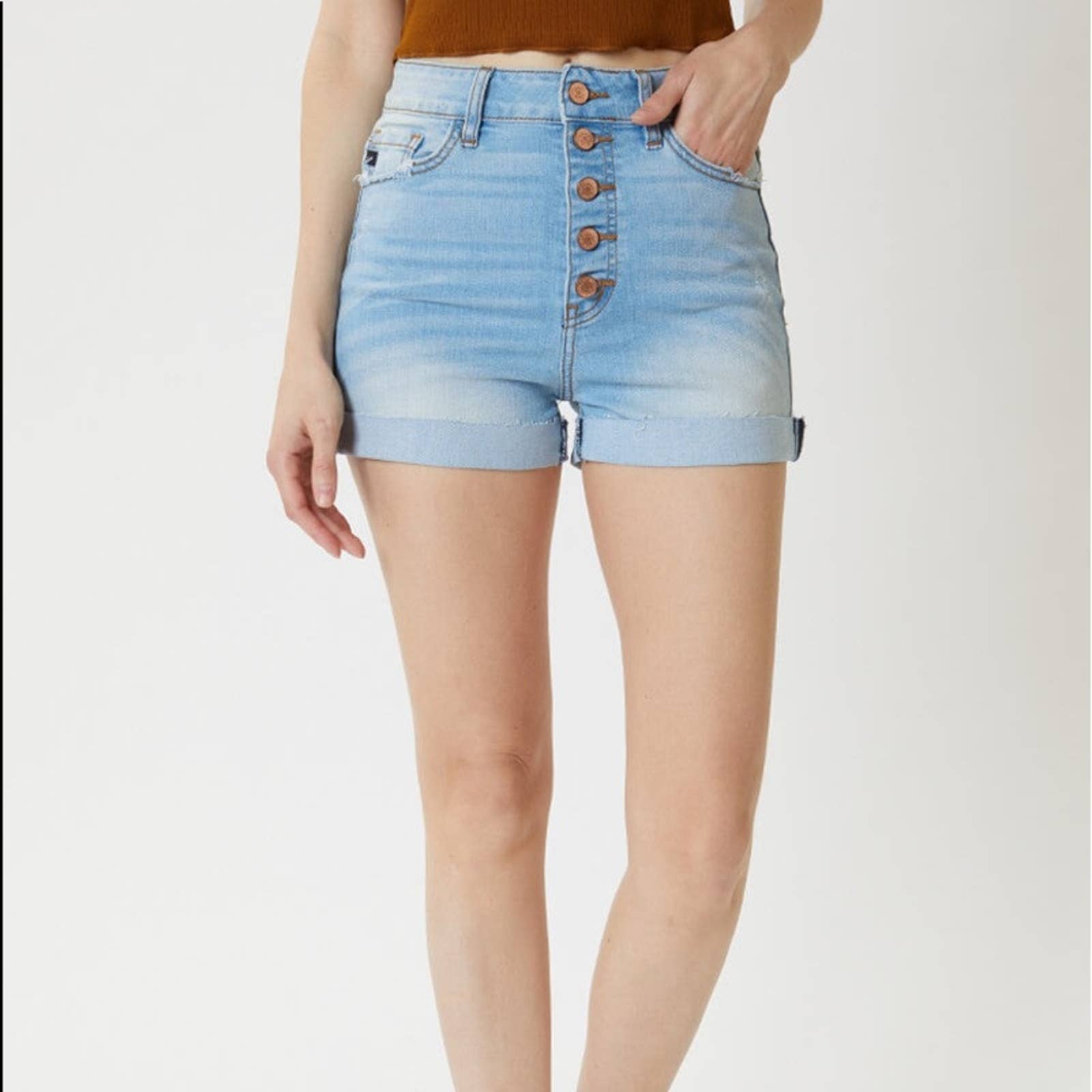 KanCan Jess Ultra High Rise Button Fly Denim Shorts in Light Wash - Size Medium