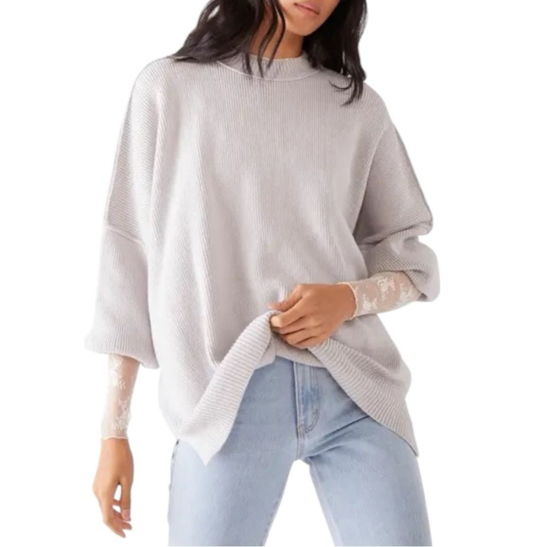 Free People Easy Street Light Grey Ribbed Knit Oversized Crewneck Tunic Sweater