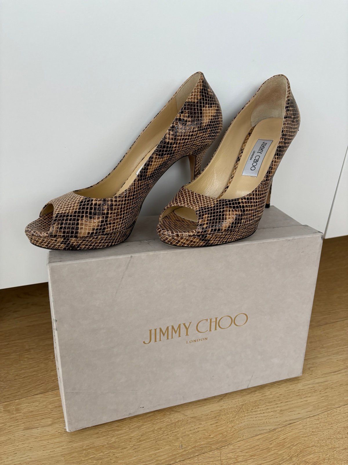 Jimmy Choo Python Beige Peep Toe heels US8
