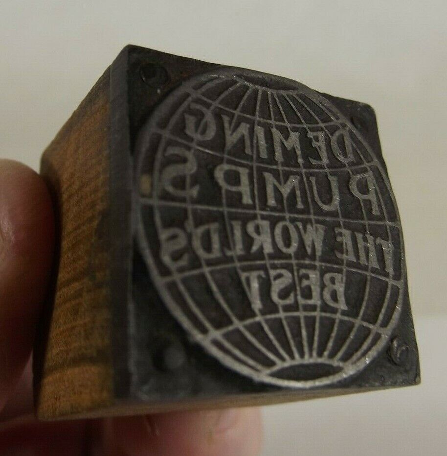 RARE LETTERPRESS Deming Pumps globe Logo Metal Printers Block Graphic Cut