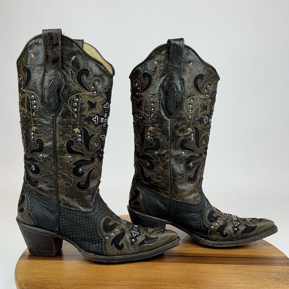 Womens Corral Crystal Cross Black Leather Python Western Cowboy Boots Size 7 M