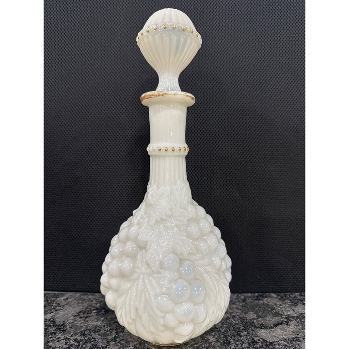 Vintage Grape Cluster Milk Glass Decanter With Gold Accents & Stopper