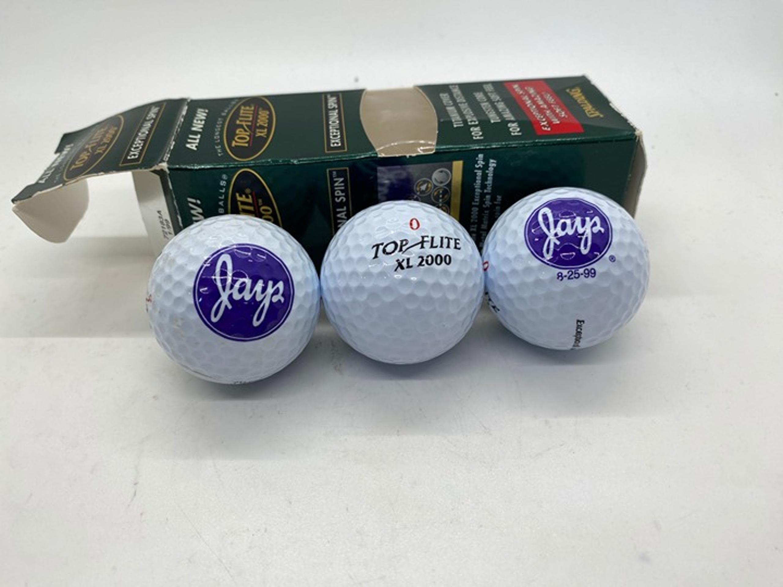 Lot of 3 Top Flite golf balls XL2000 Exceptional Spin "Jays Potato Chip Logo