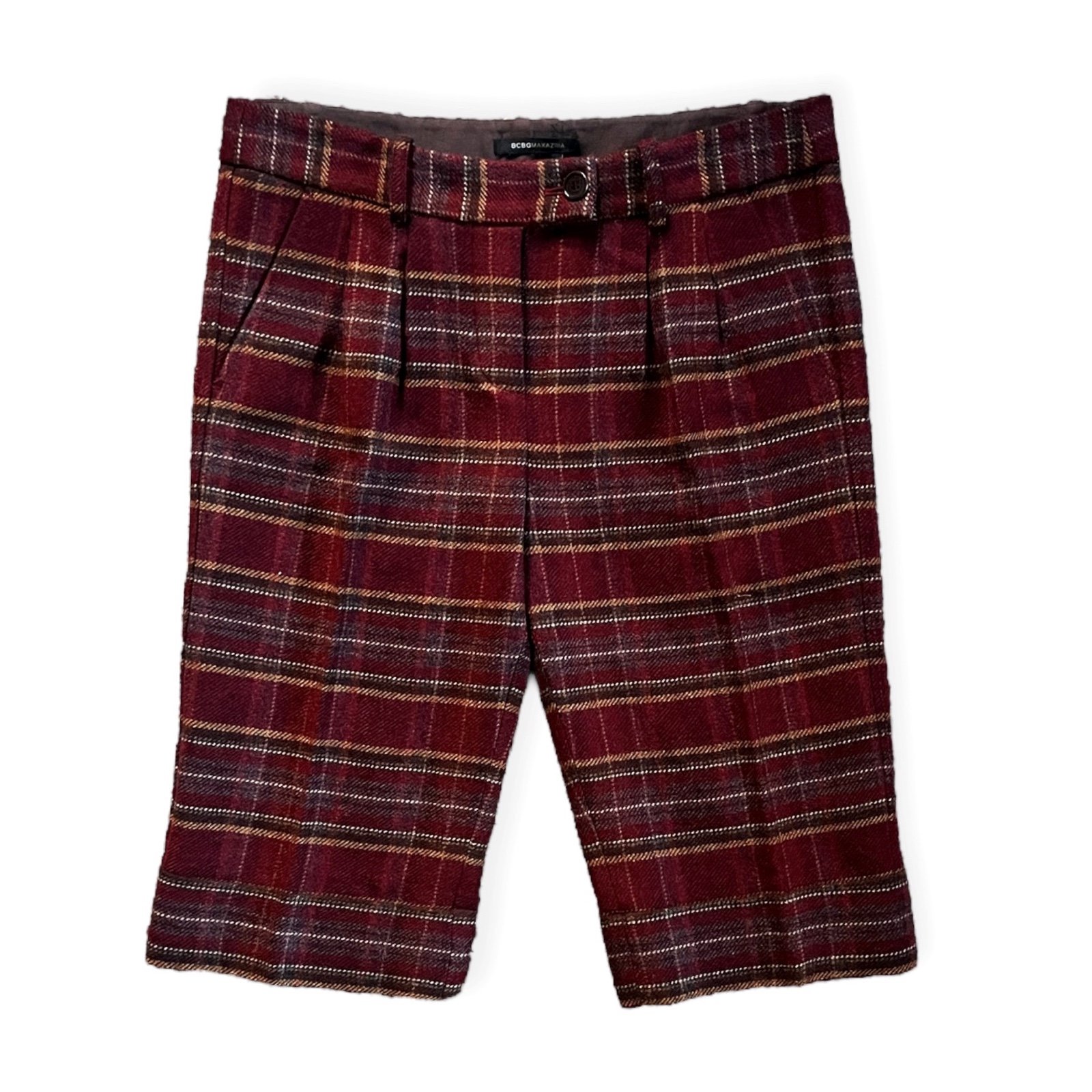 NWT BCBGMazazria “Daryl” Burgundy/Brown Plaid Straight Leg Cropped Wool Pant, 8