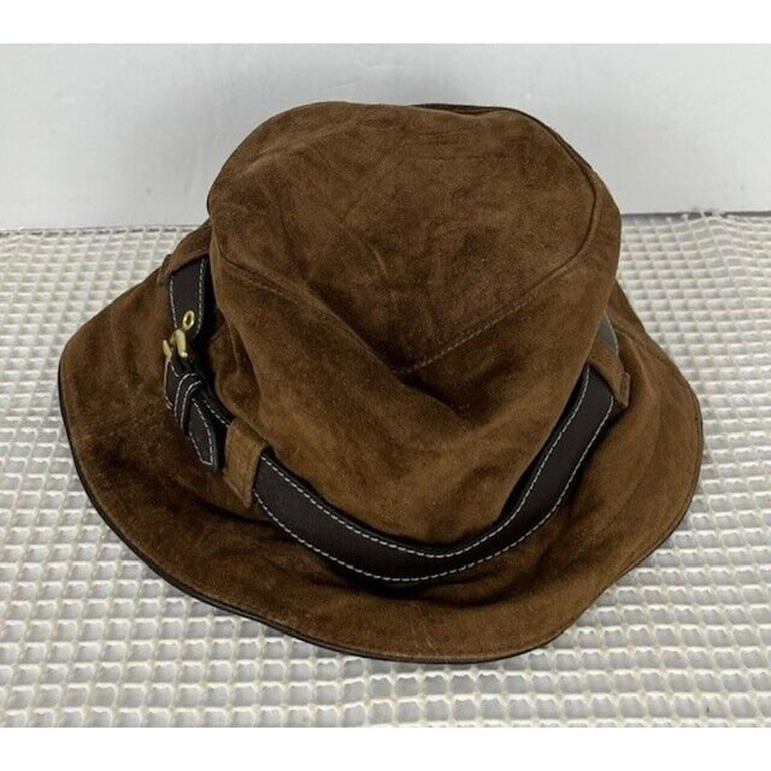 Coach Women's Suede Bucket Hat Leather Strap Size Small P/S Brown Good Fades