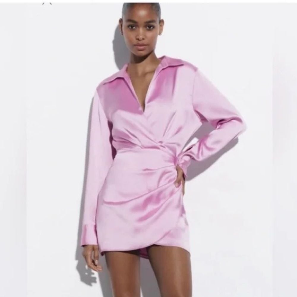 NWOT Zara Satin Effect Short Pink Dress Size Medium