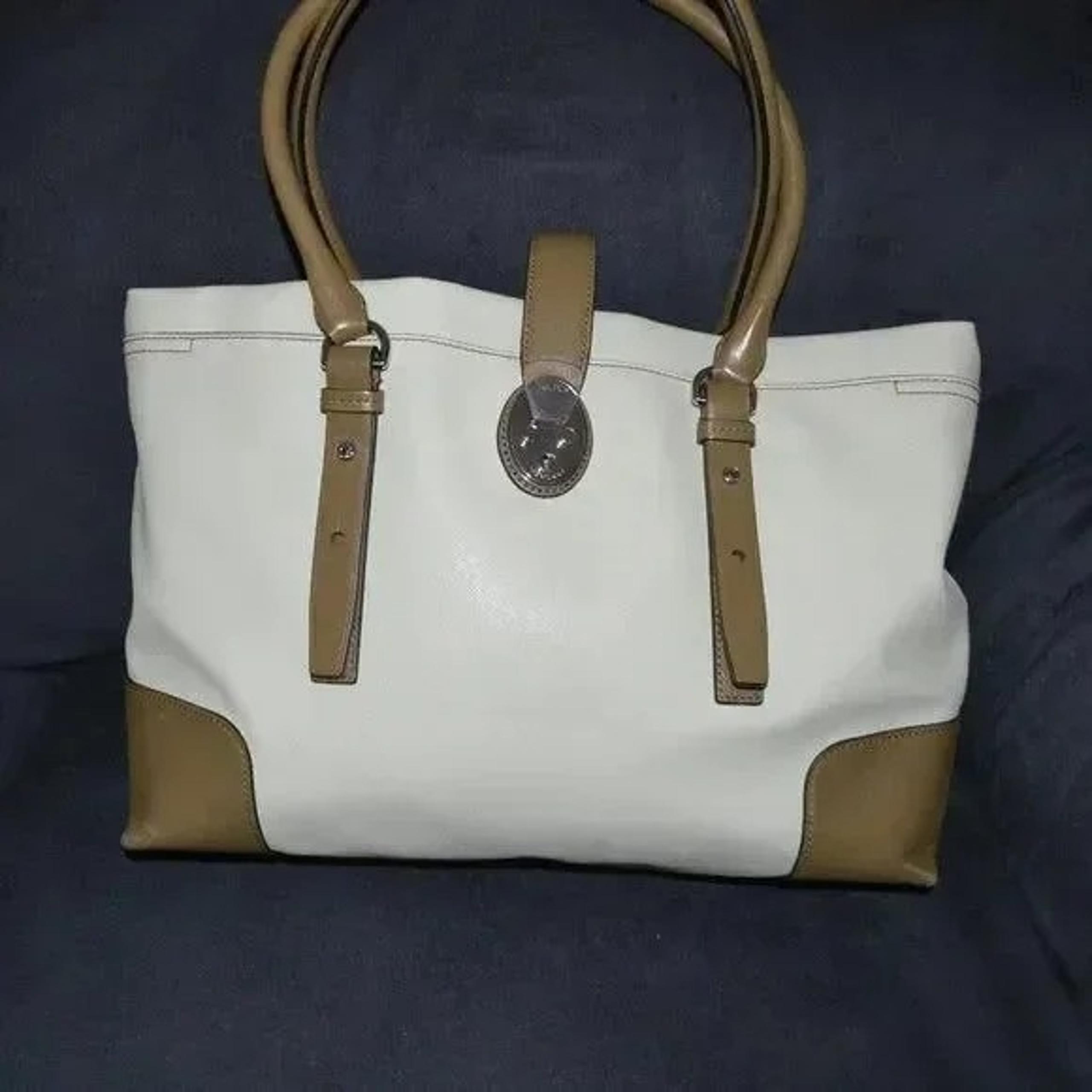 Tumi Ivory & Tan Leather large Laptop tote with silver hardware