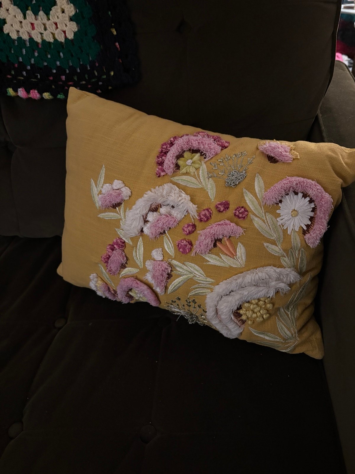 Anthropologie embroidered yellow throw accent pillow