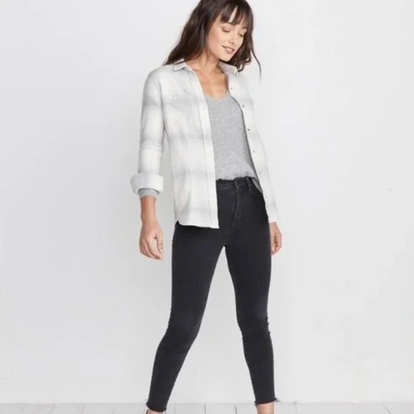 Marine Layer Gray Rose Overshirt Plaid Flannel Button Down Top