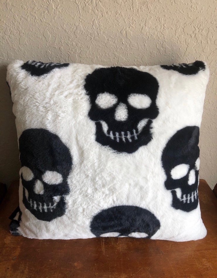Gothic punk witchy halloween skull fur plush pillow