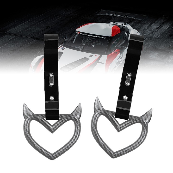 New 2PCS Devil Heart Carbon Fiber JDM TSURIKAWA Black Handle Strap Charm Drift