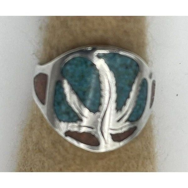 Vintage Tree of Life Sterling silver turquoise Coral Chip Inlay Ring size 10.25