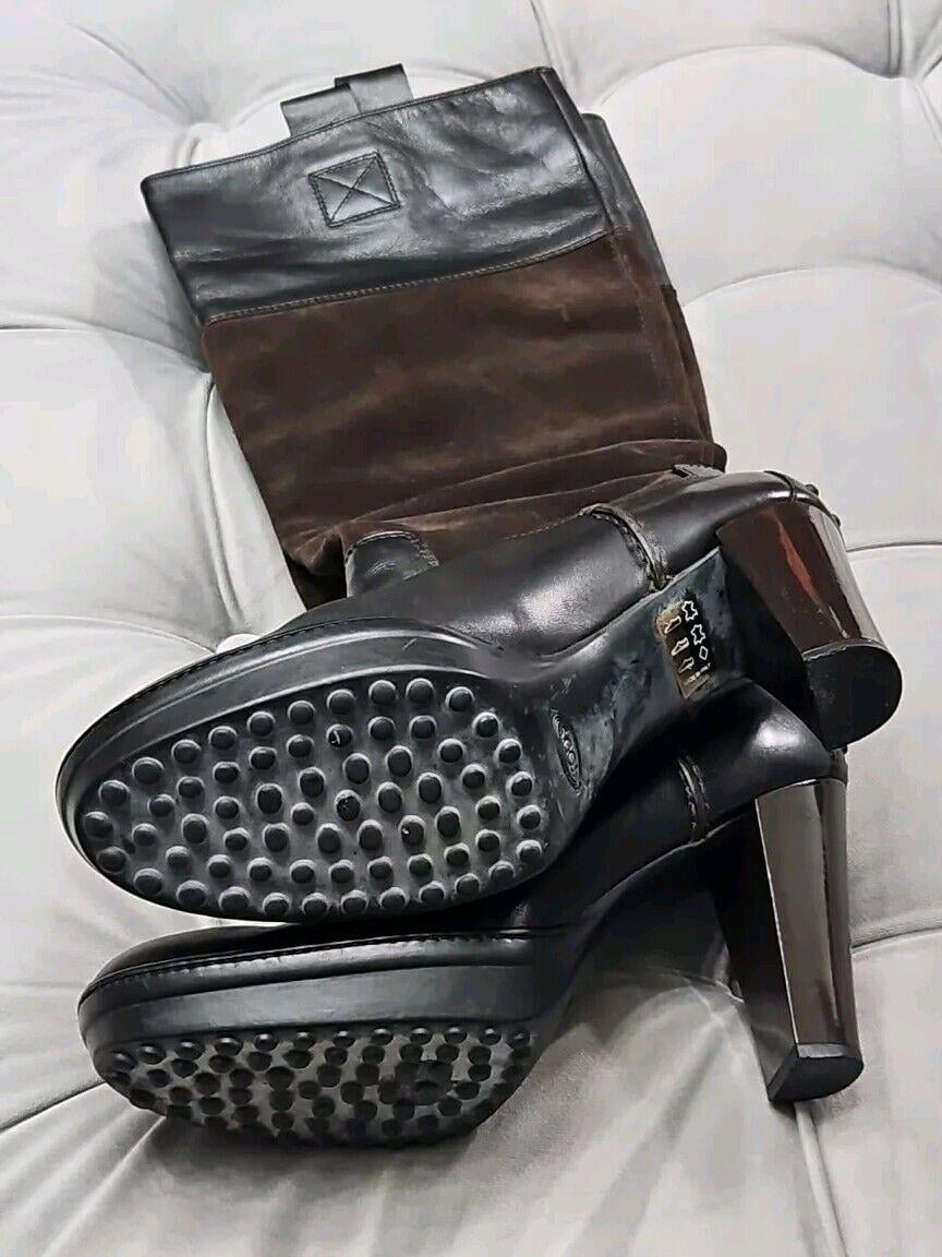 Tod's Black Brown Suede Leather Knee High Pull On Boots Womens Shoes 38.5 8.5