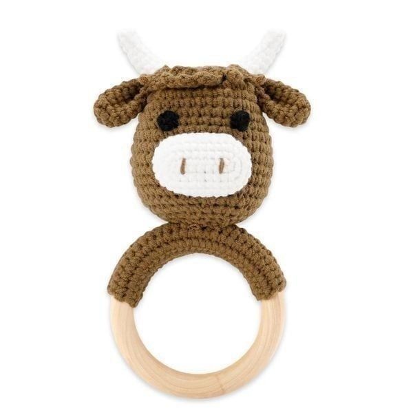 Baby Rattles Crochet Highland Cow Lovey Newborn Toy Wooden Rattles Infant Senso