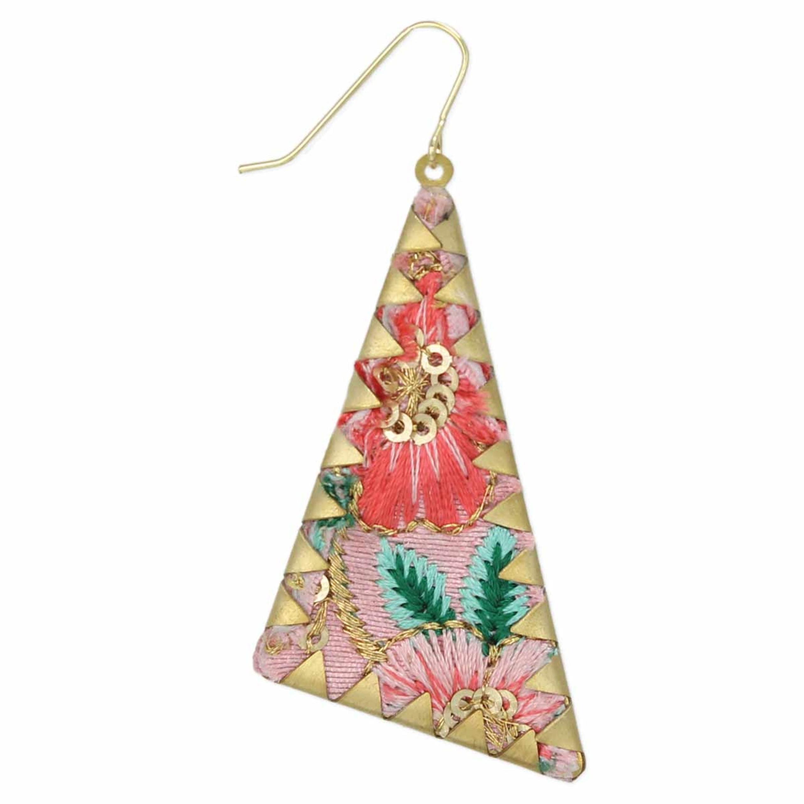 Pink Floral Embroidered Triangle Dangle Earrings