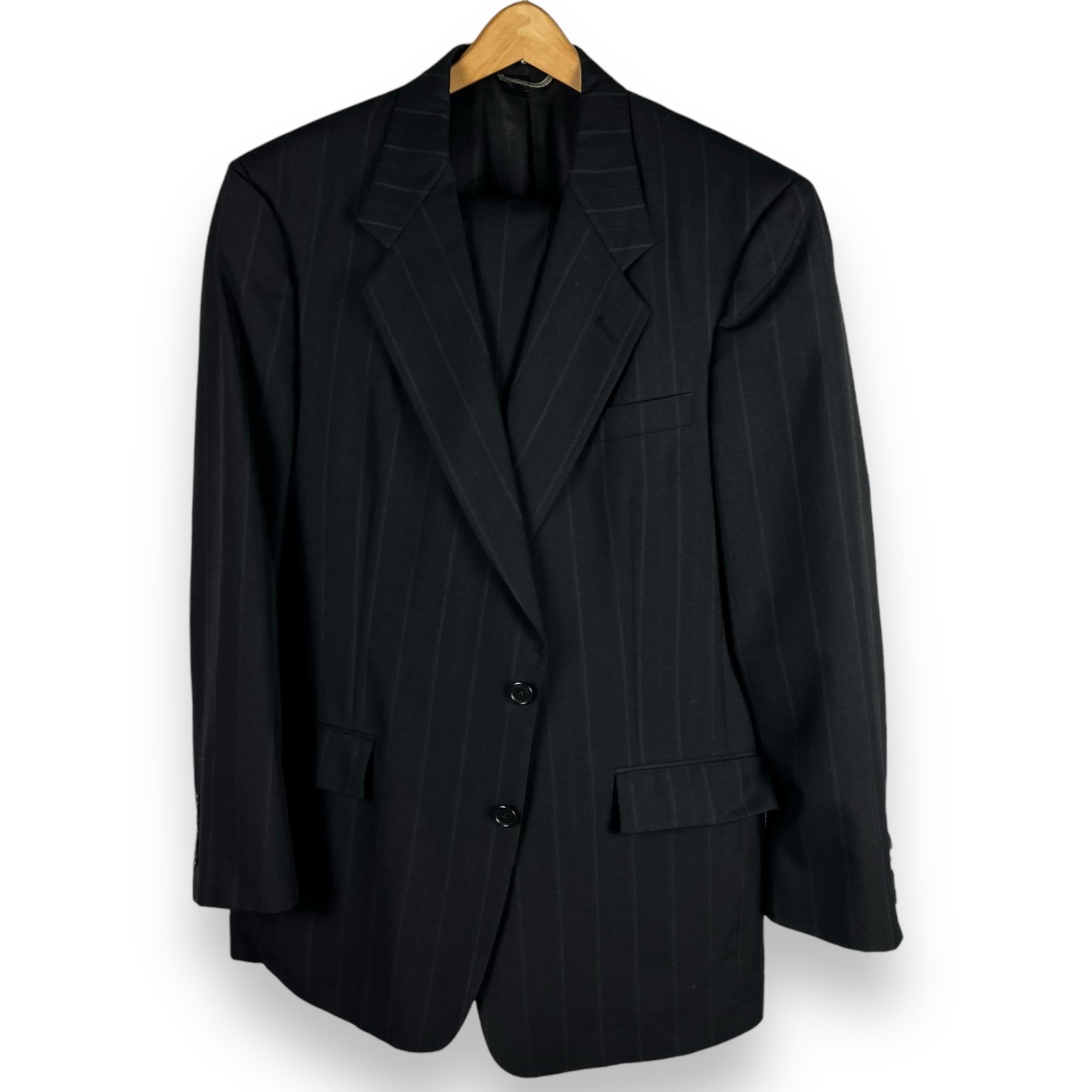 Vtg Christian Dior Black Pinstriped 2 Button Suit Classic Wool Designer 43R