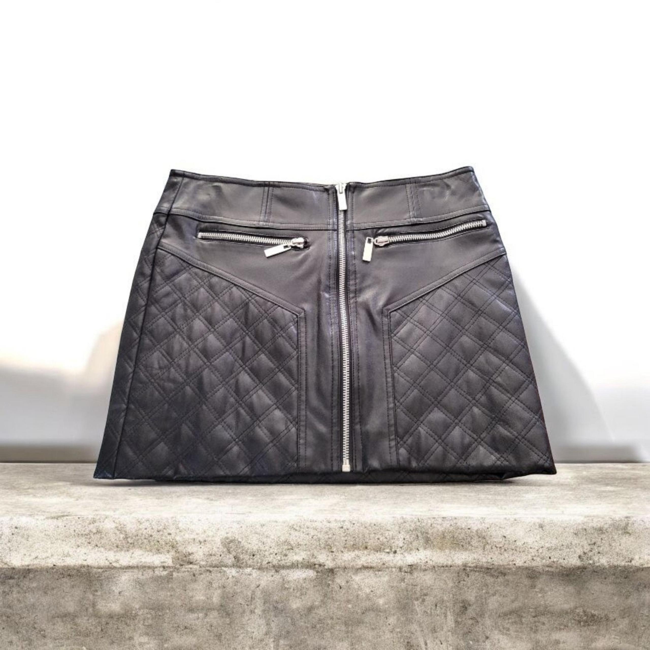 Grunge Edgy Bebe Zip Front Quilted Short Skirt Black Faux Leather XXS