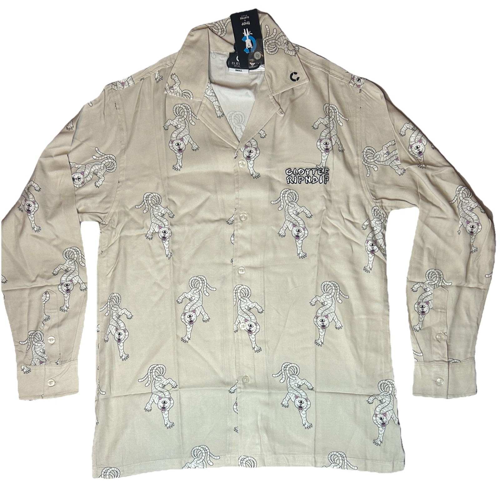 RIPNDIP X CLOT Beige Button Up Mens Small AOP Sold Out Colab Clottee Rayon NWT