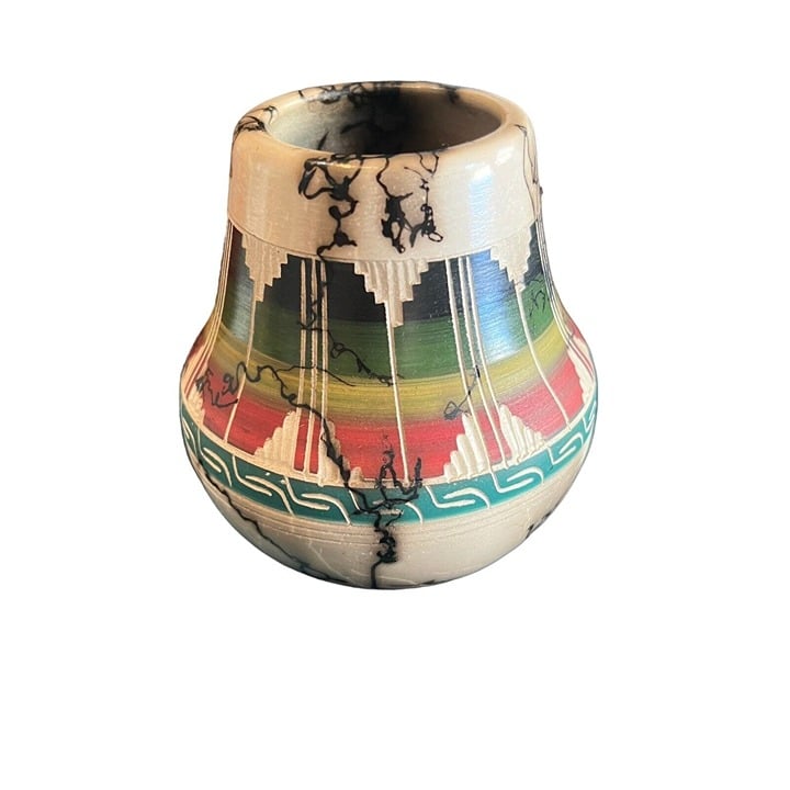 Vintage Navajo Hand Thrown Etched Horsehair Pottery Vase Signed Green Black Red