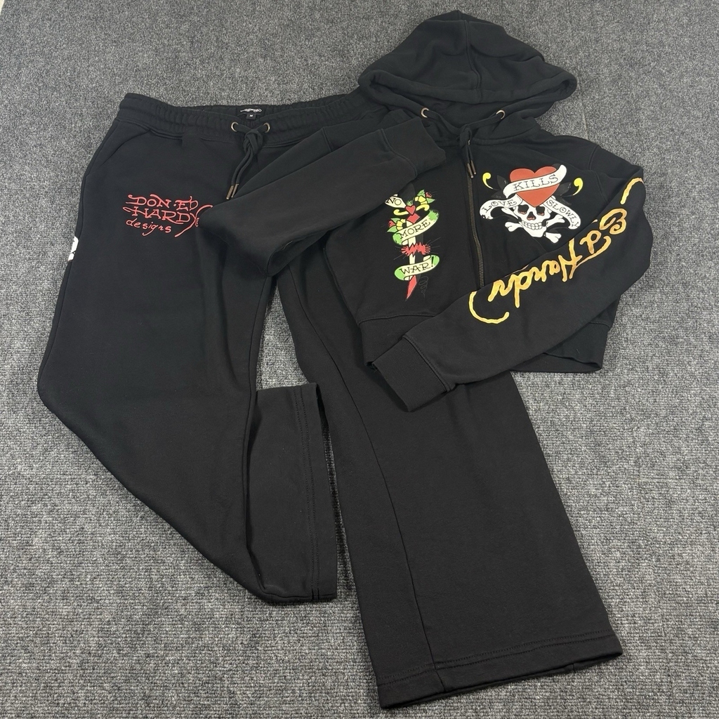 Y2K Ed Hardy Skull Dagger Heart Women's Black Medium Activewear Tracksuit Set