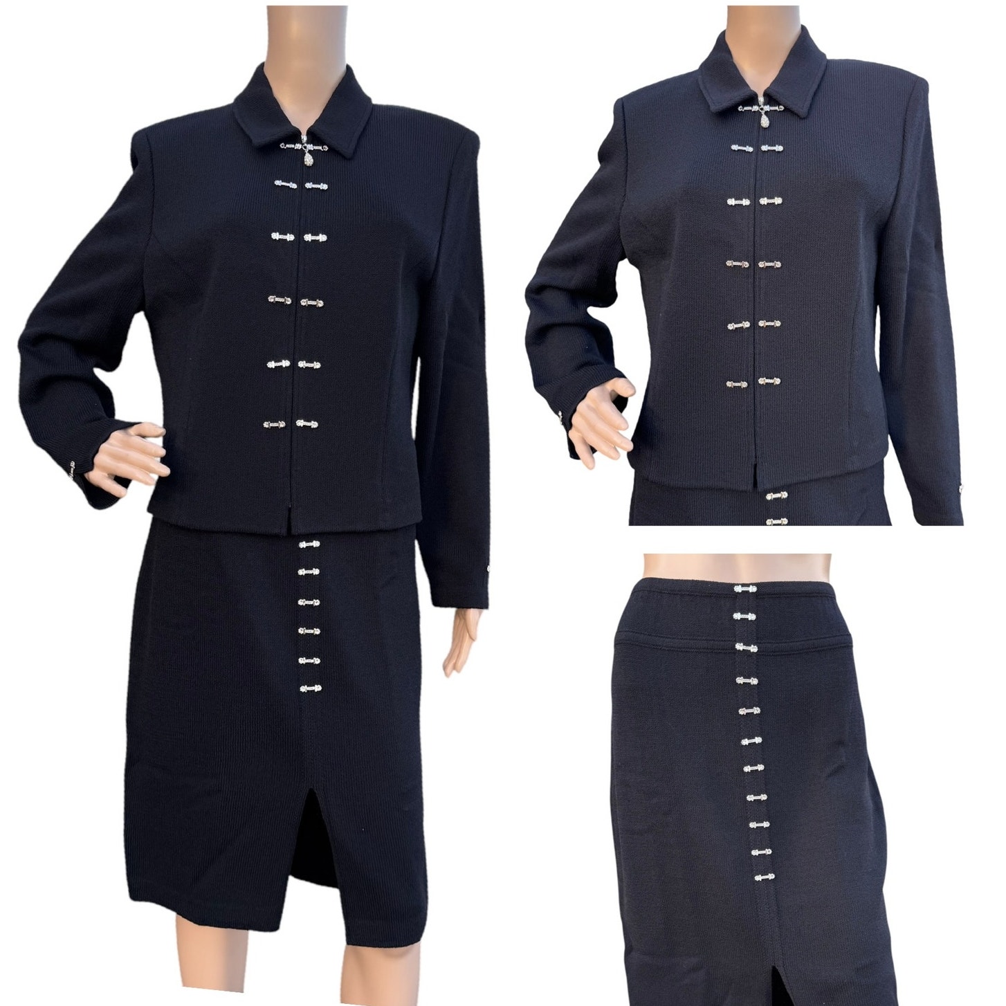 New St. John Evening by Marie Gray Black Knit 2 Pc Cardigan Skirt Set 12 & 10