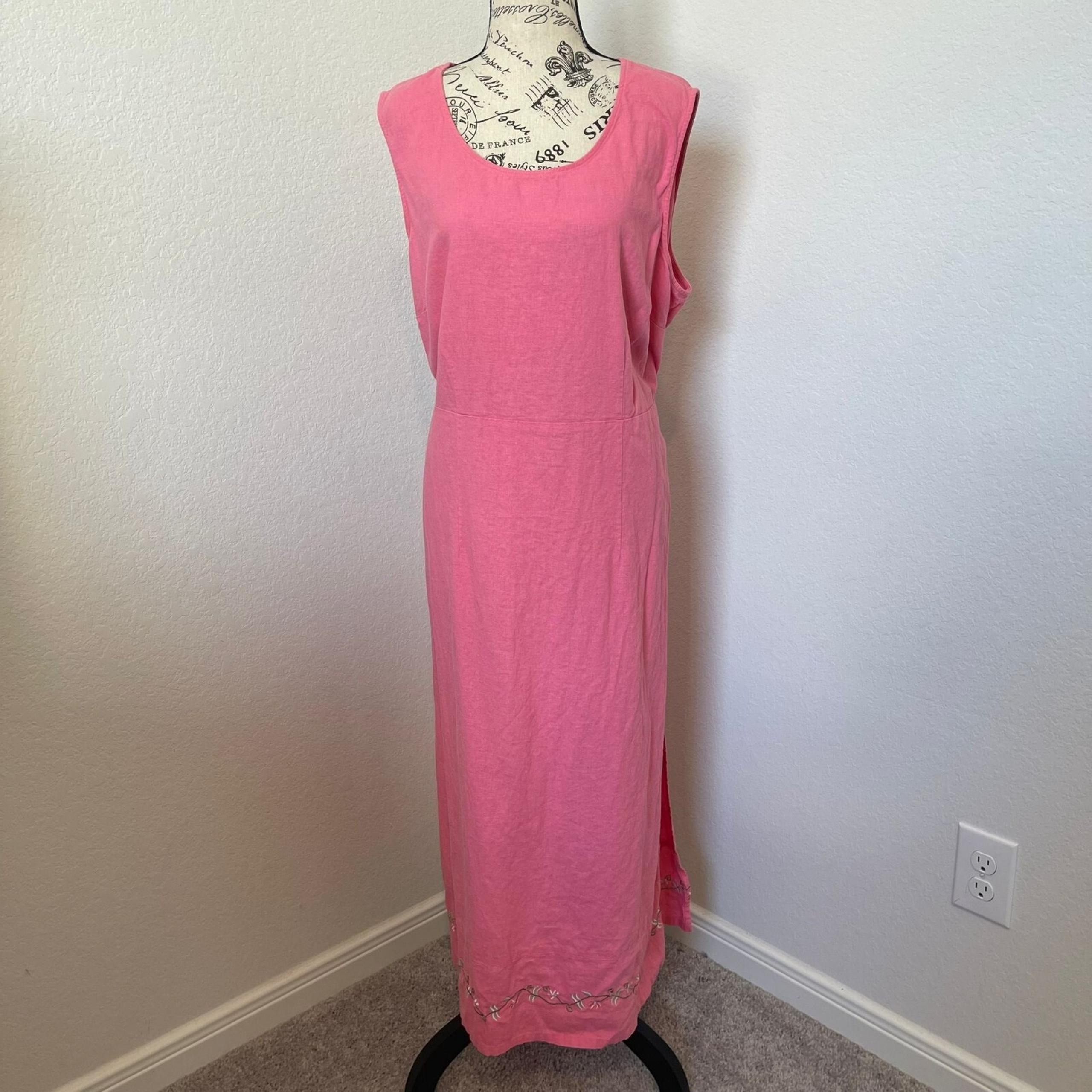 VTG Sag Harbor Maxi Dress Pink Plus 20W Tie Back Floral Embroidered Linen Blend