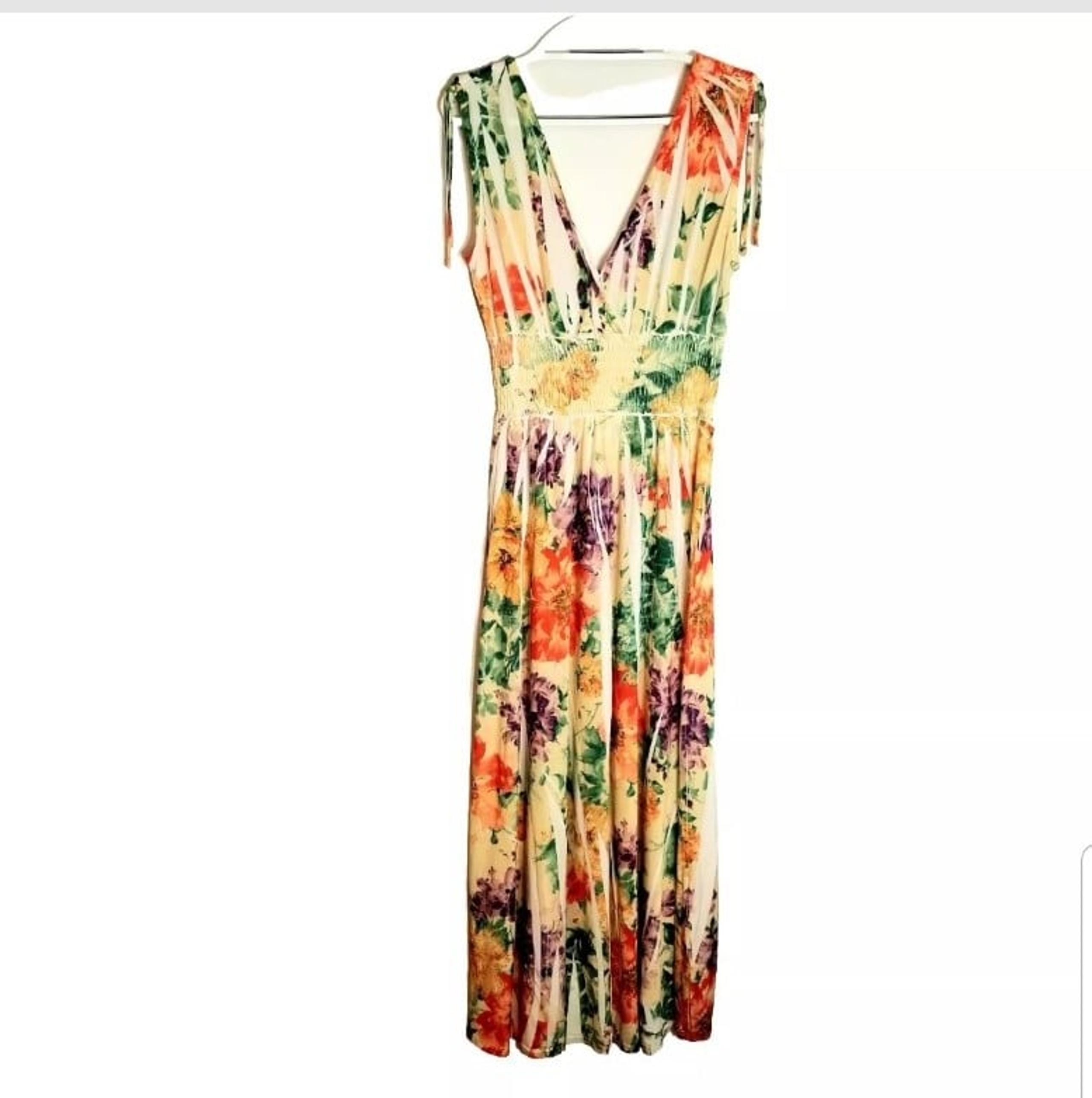 Just Love Maxi Dress Women's Medium Ruched Waist Ties At Shoulders Floral
