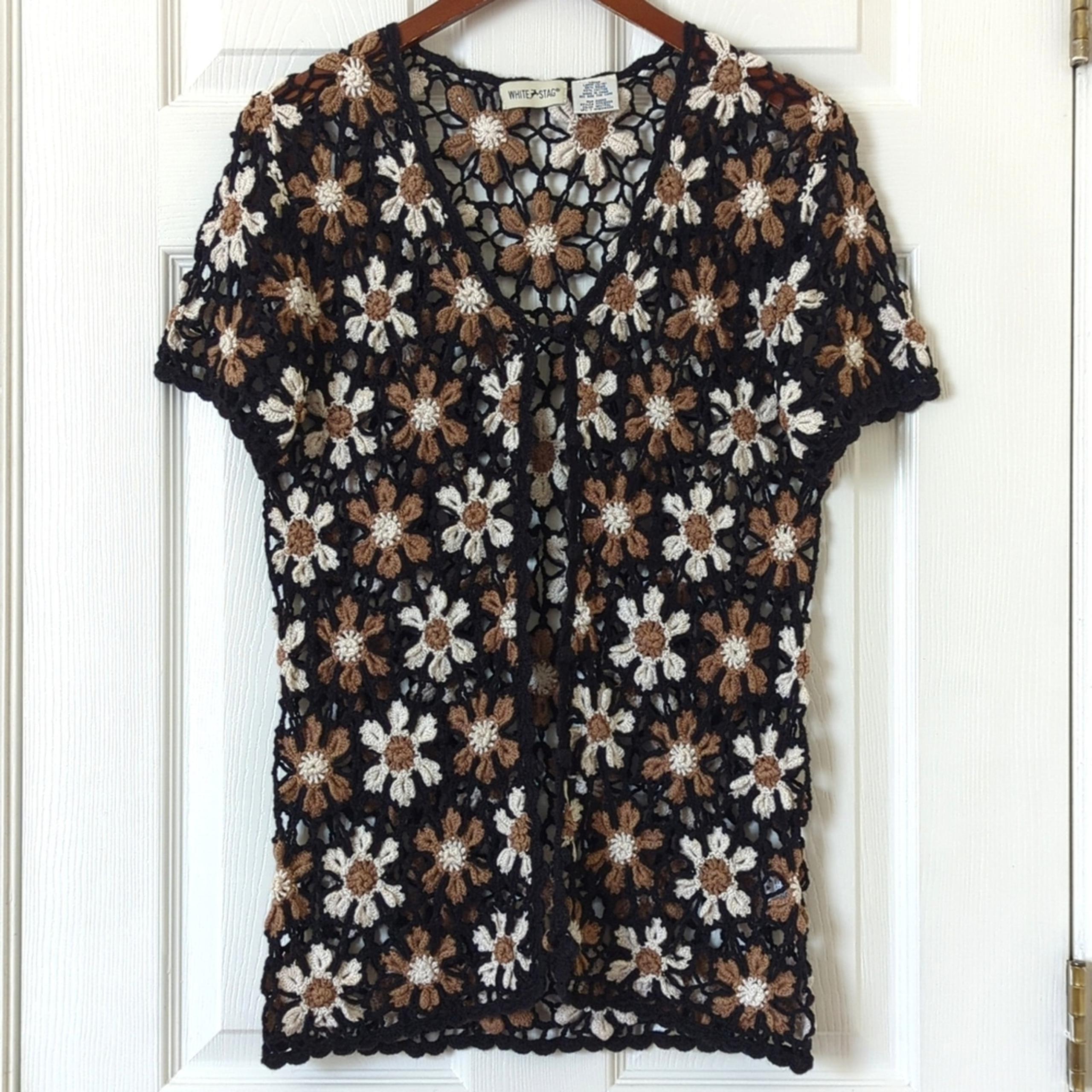 White Stag 90's Vintage Floral Sheer Crochet Knit Short Sleeve Button Down Top L