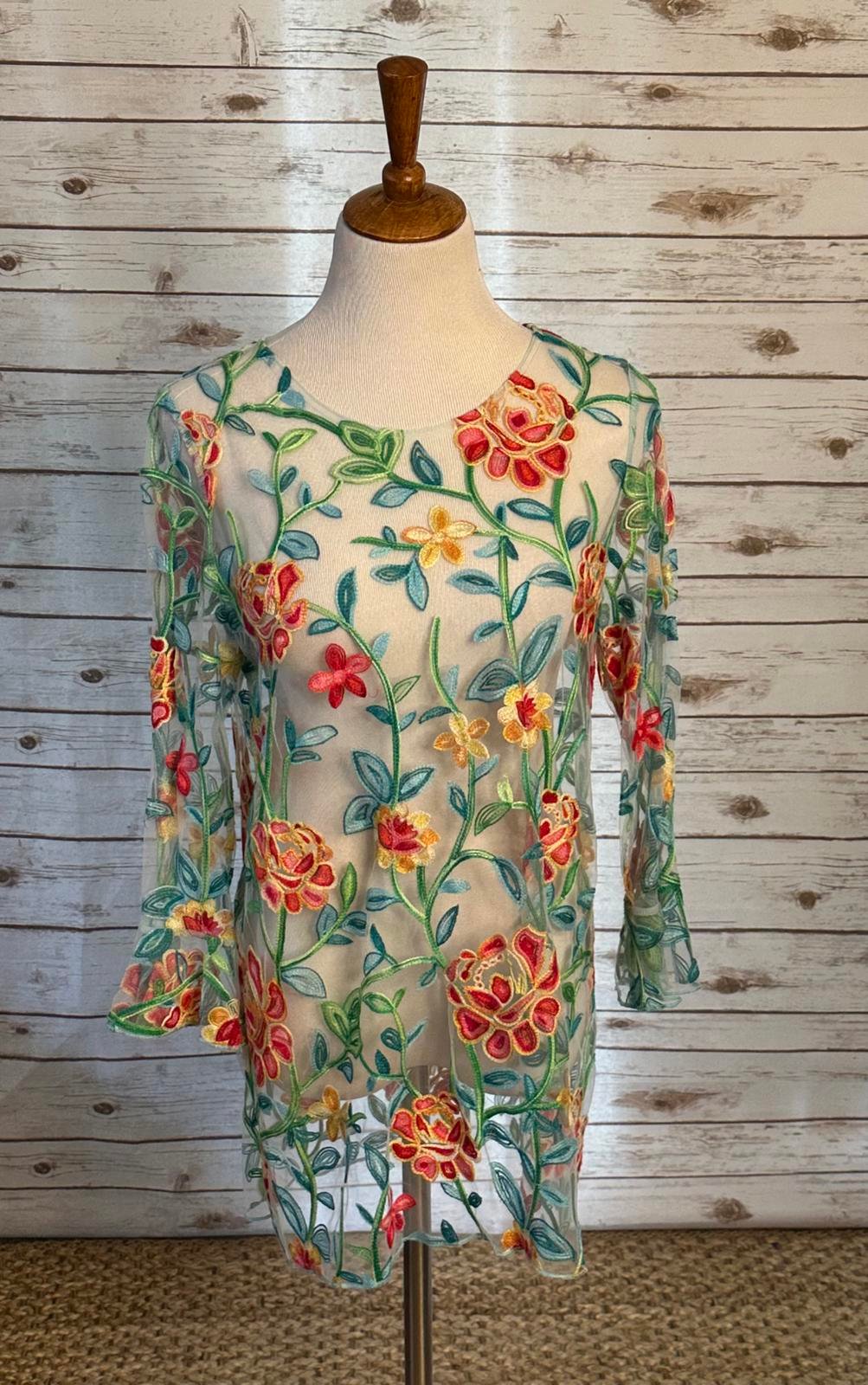 ali miles whimsical multicolored embroidered floral sheer mesh tunic Size M
