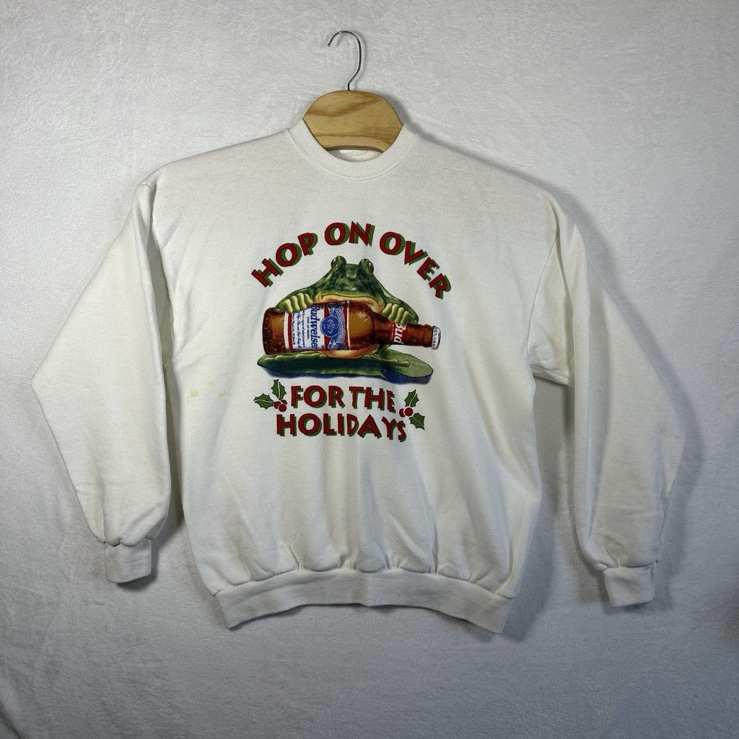 Vintage Budweiser Frog Beer Sweatshirt Size XL White Holiday Crewneck 90s Read