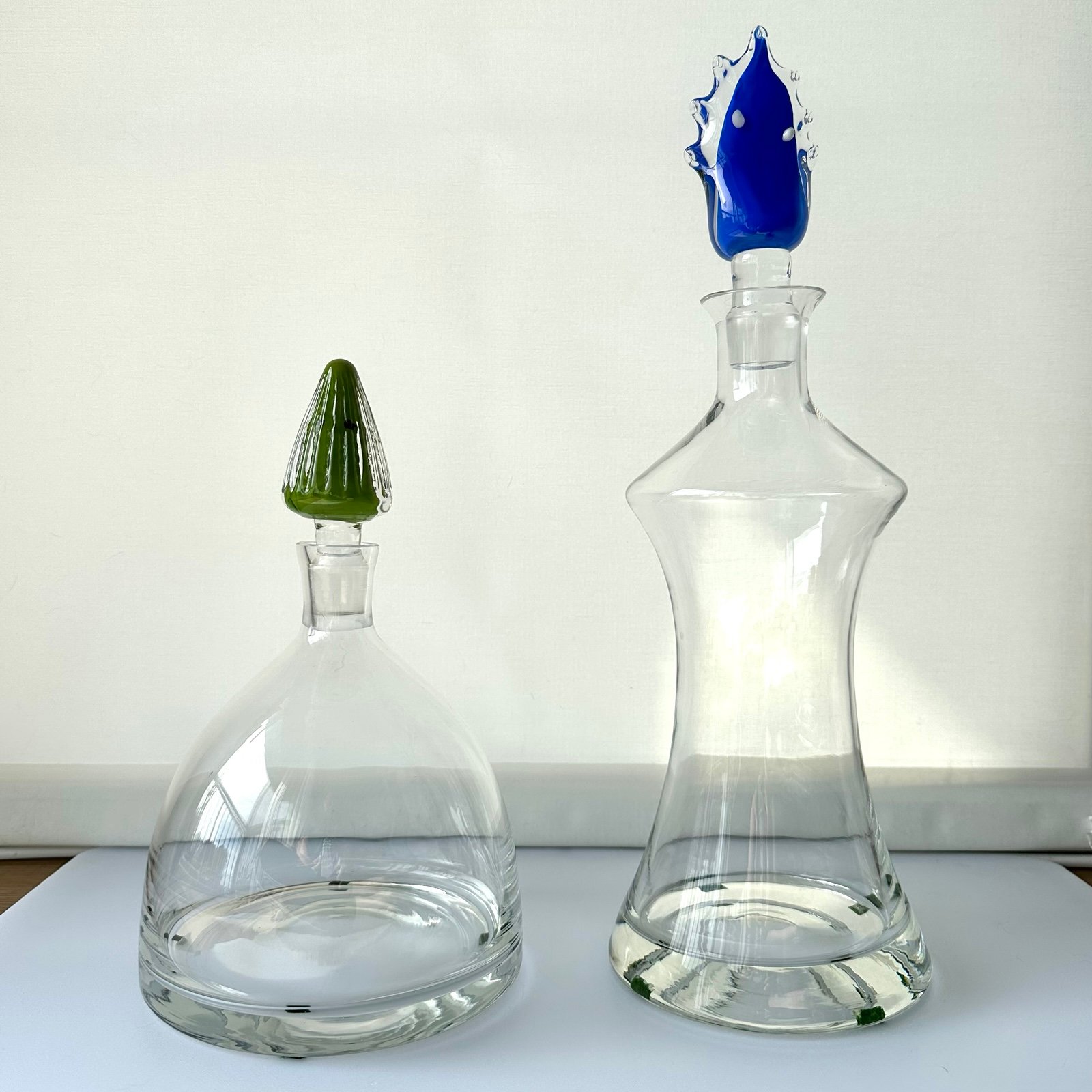 Unique Pair of Eisch Crystal Decanter Vessels with Colored Stoppers