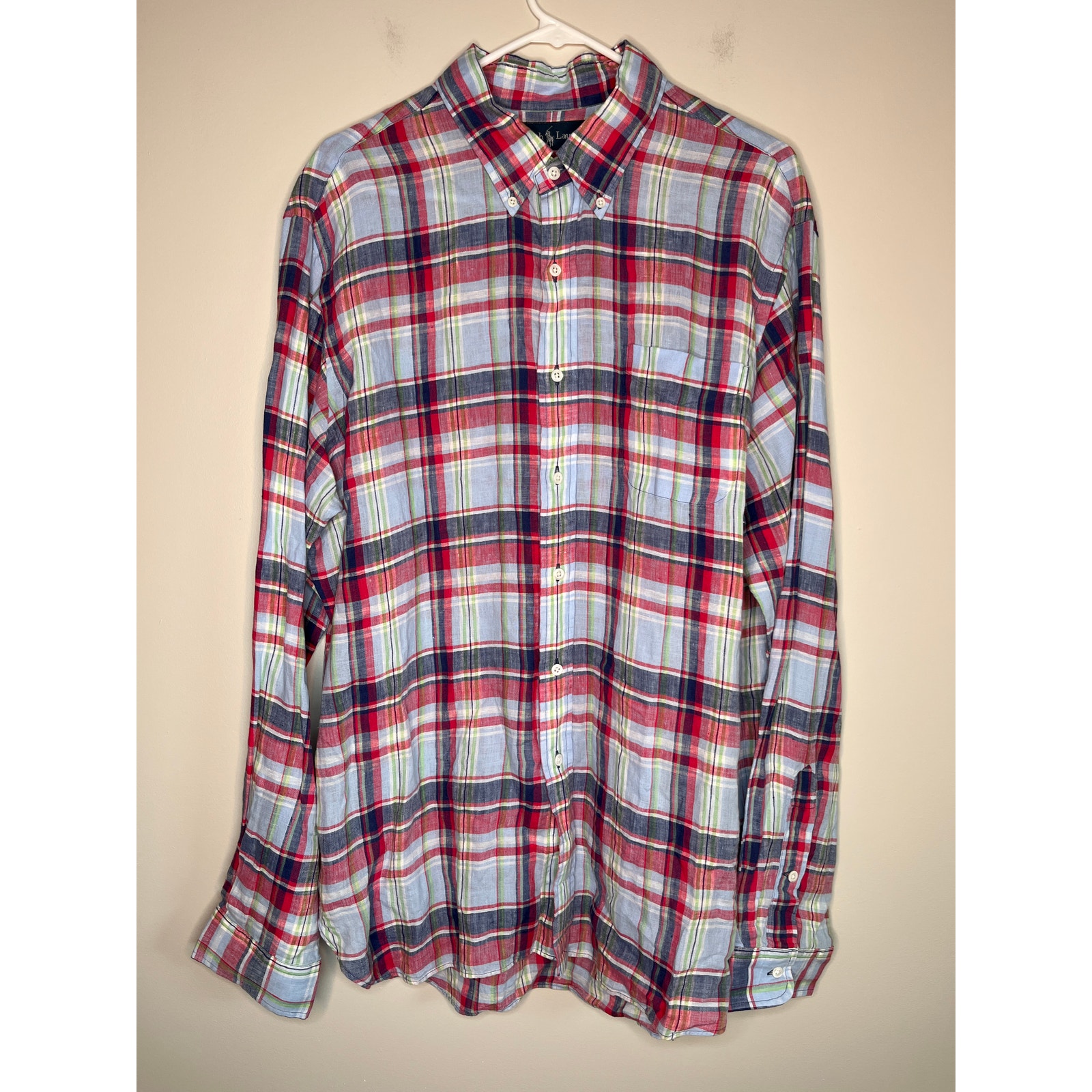 2000s Ralph Lauren Pink Blue Linen Plaid Prep Twee Old Money Oxford Shirt XL