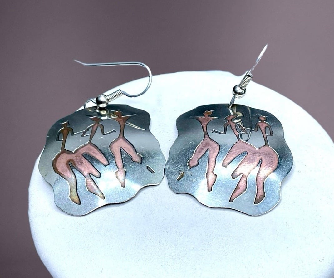Vintage Artisan Sterling & Copper Tribal Earrings
