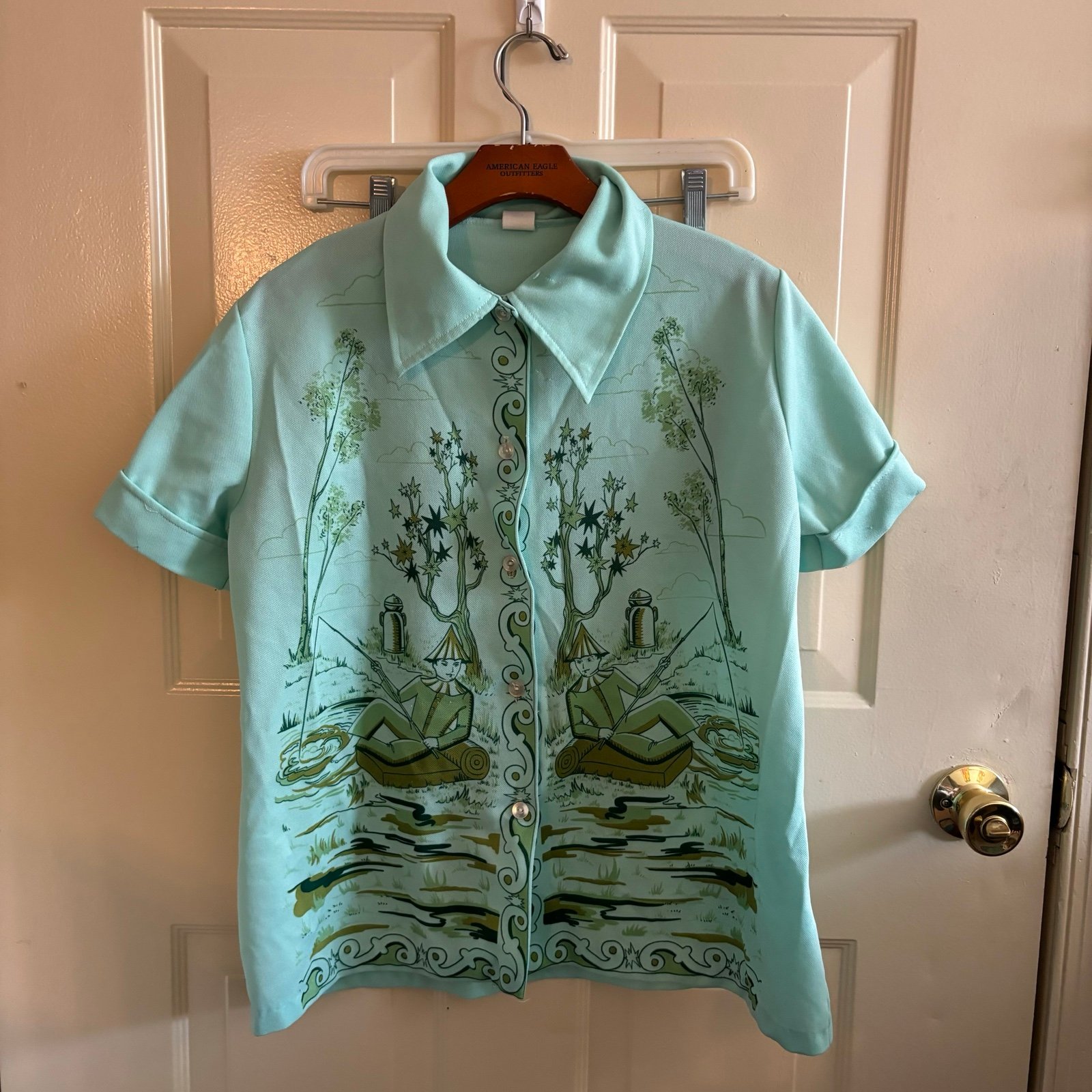 VINTAGE ONE OF A KIND FRONT AND BACK ELF FAIRY MAGICAL PRINT TEAL COLLARED SHIRT