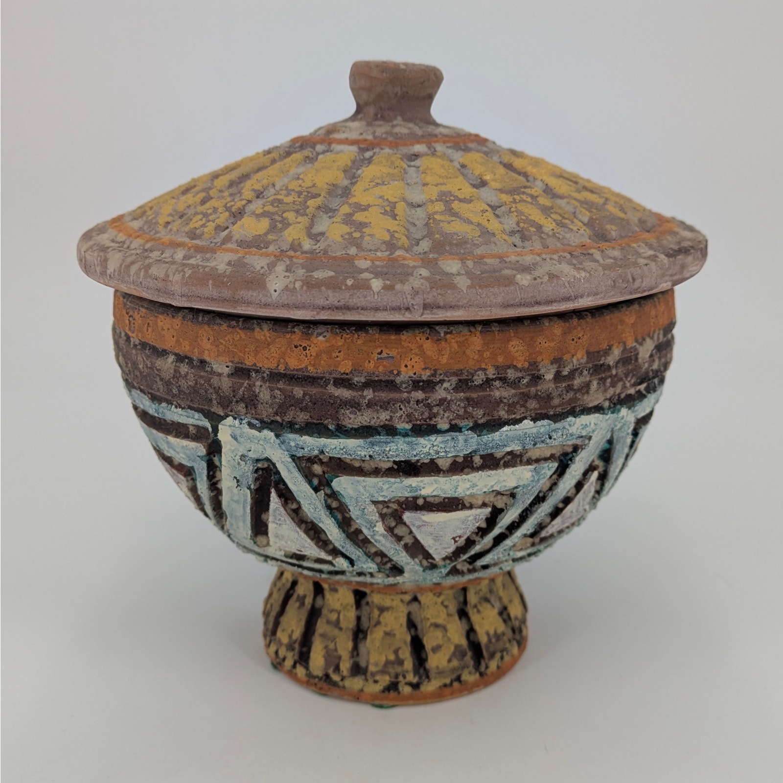 Italian Pedestal Lidded Ceramic Dish Bitossi Style Covered Bowl Lava Glaze MCM
