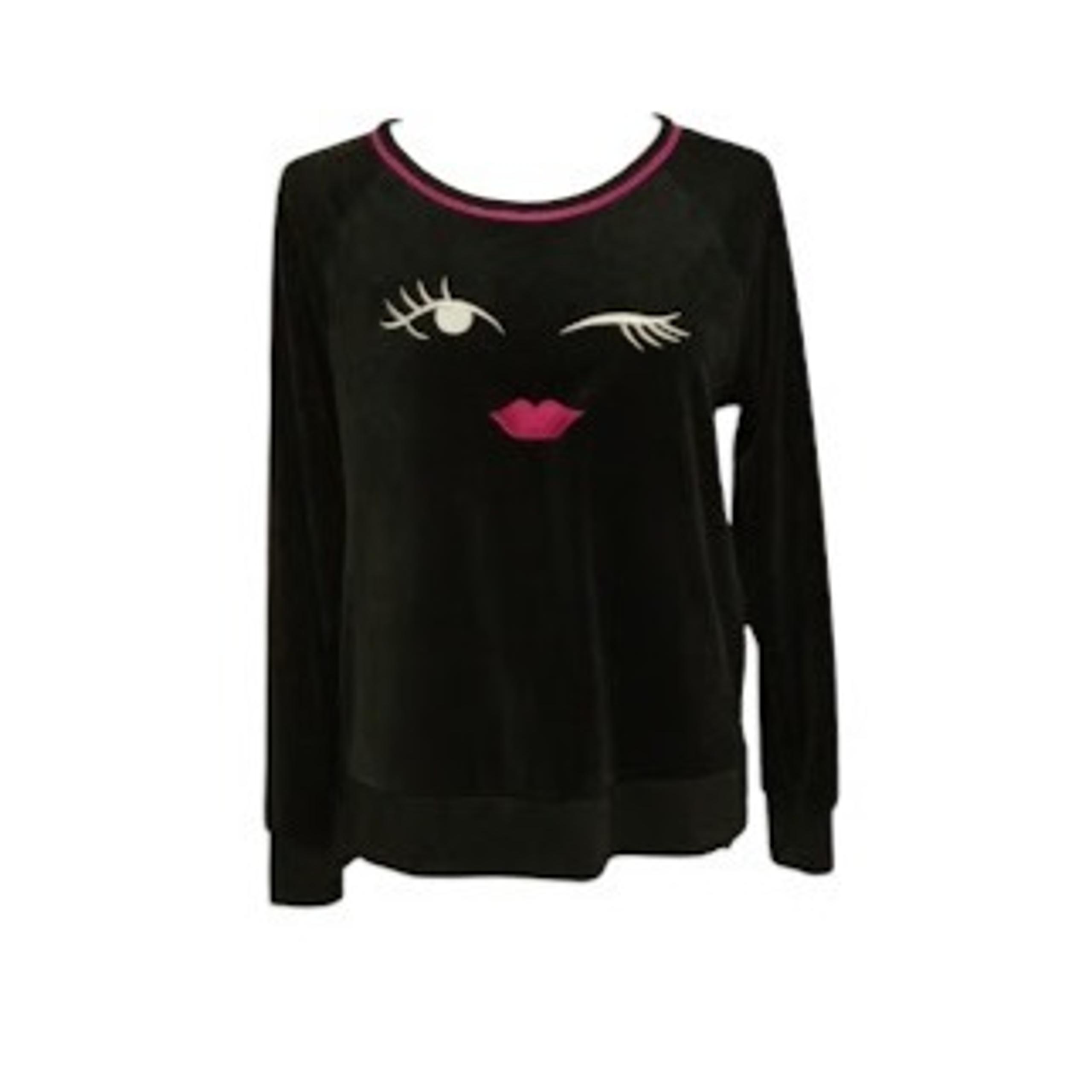 Kate Spade S Black Cozy Knit Velour Velvet Embroidery Wink Face Long Sleeve Top