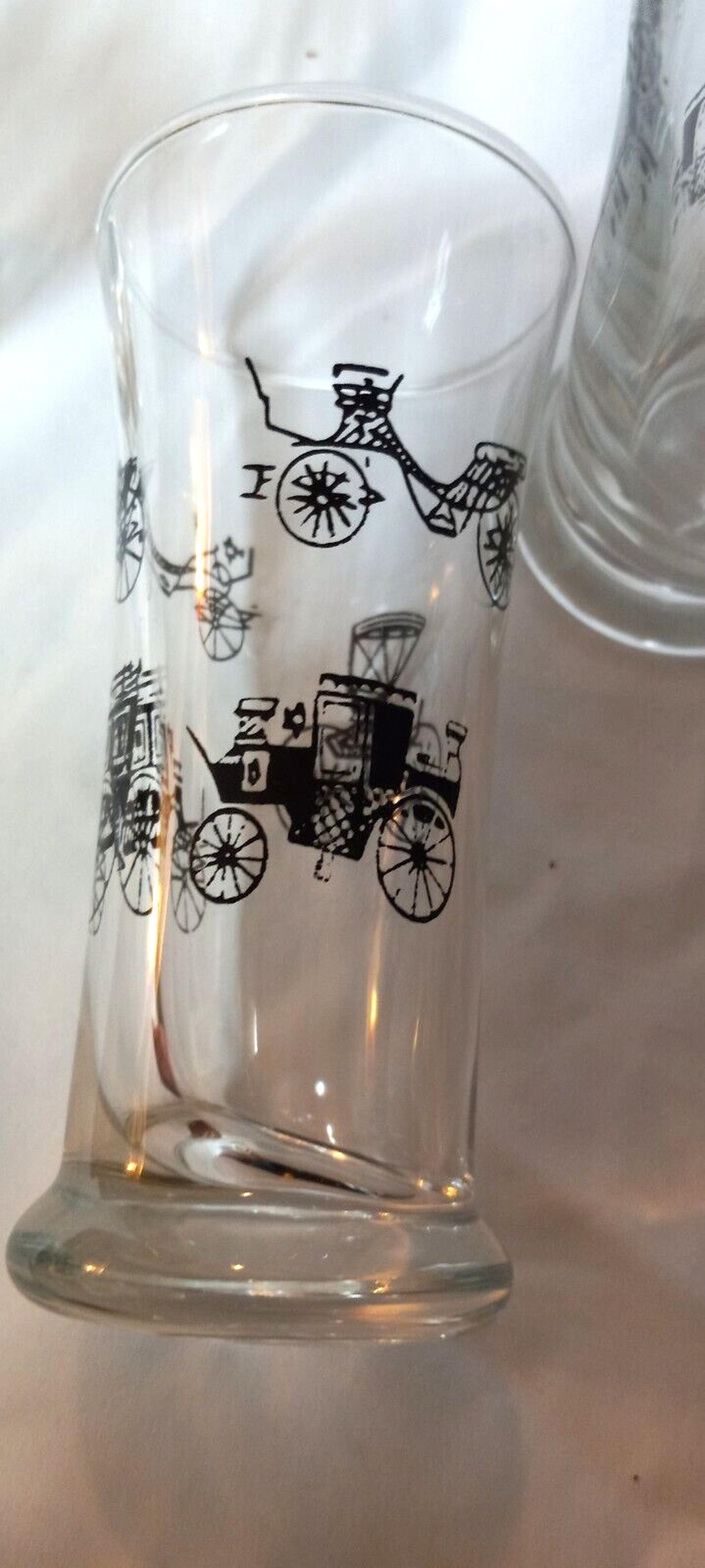 DOUBLE SHOT 4 LIBBEY Auto/HORSELESS CARRIAGE VINTAGE GLASSES RETRO BARWARE