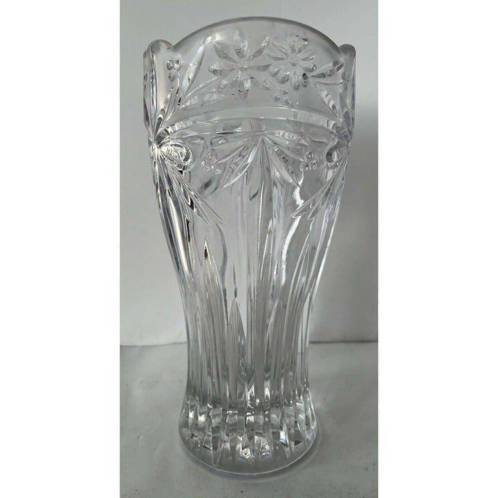 Vtg. Heavy 24 o/o Lead Crystal Clear Flower Vase 9-3/4" Tulip Edge Inches Tall