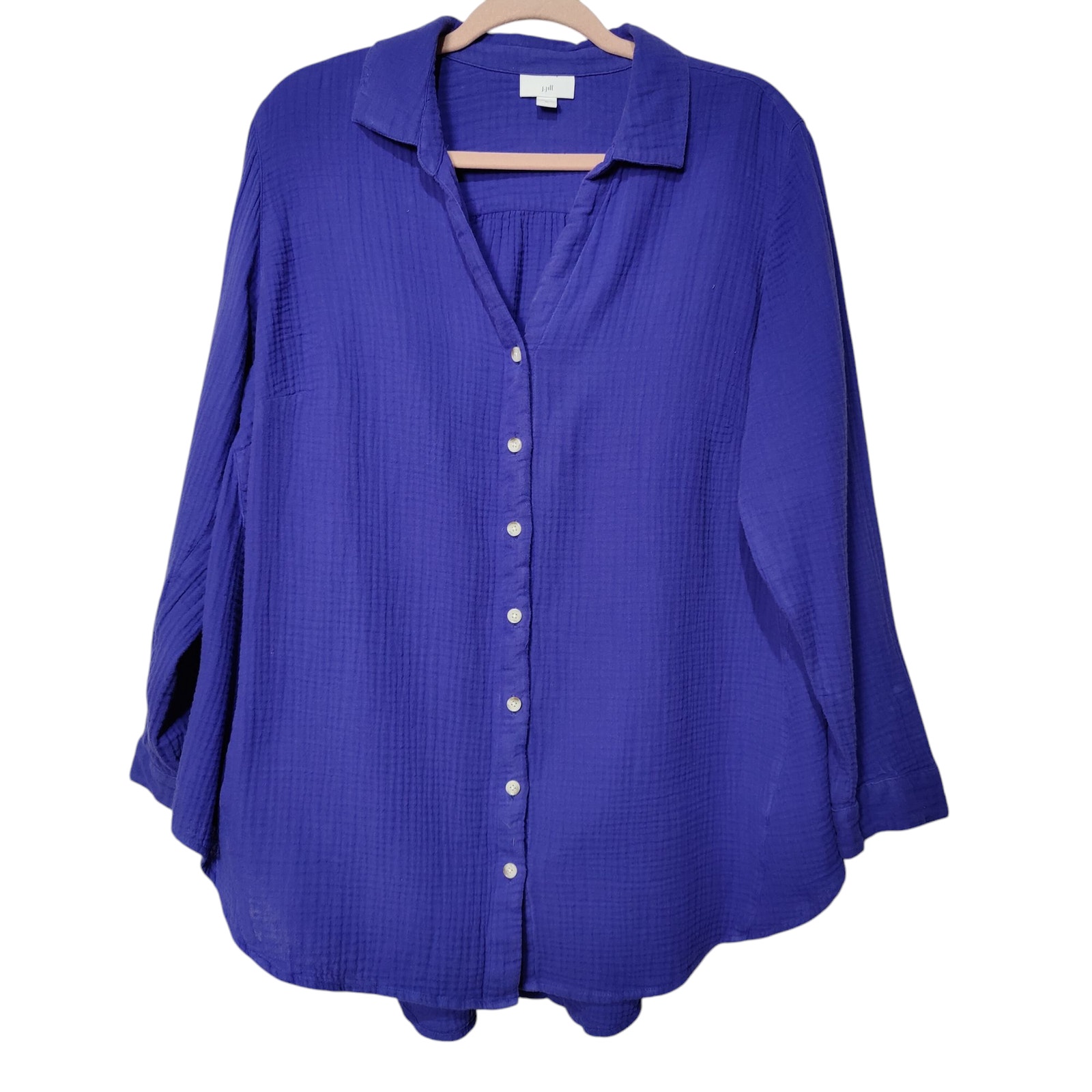 J. Jill Women's Sz XL Royal Blue Gauzy Button Down Long Sleeve Shirt 100% Cotton