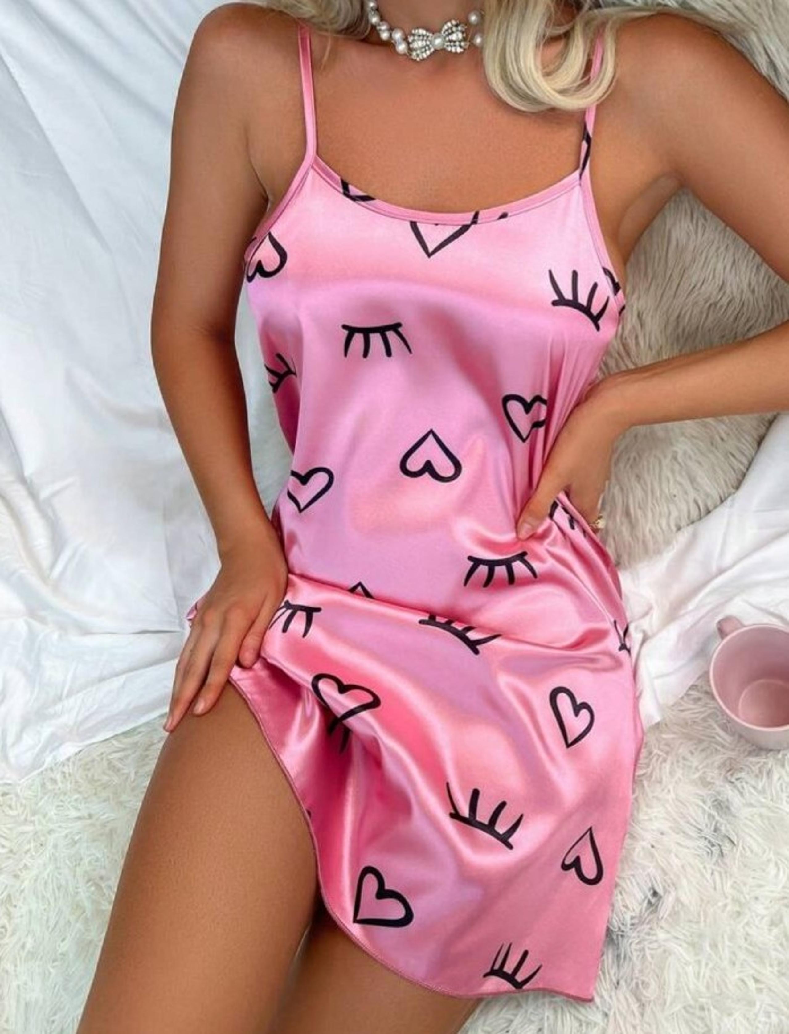 Pink Heart Wink Lash Lingerie Satin Mini Slip Dress Nightgown PJ's Lounge Wear