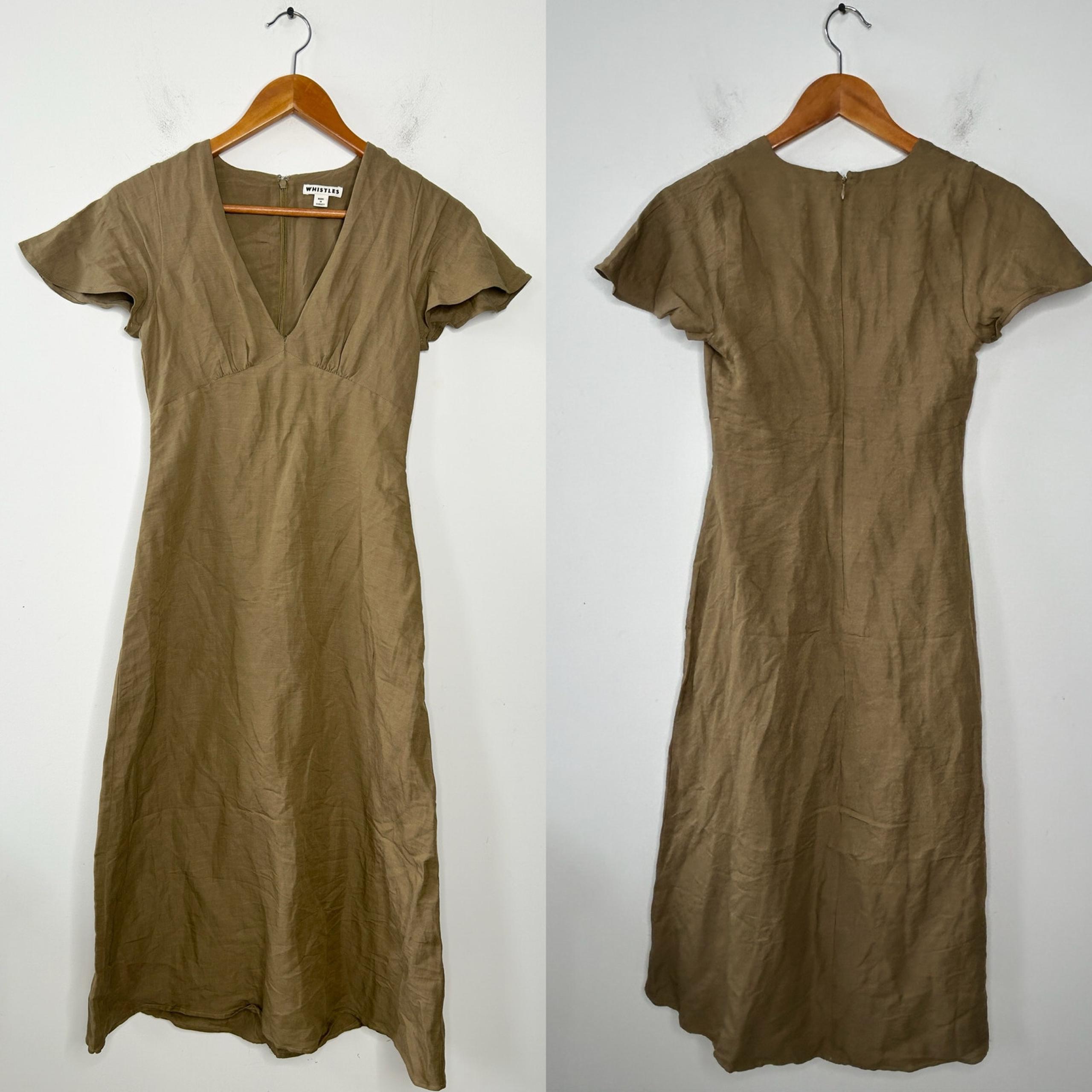 WHISTLES Frill Sleeve Midi Dress Womens Size 2 Linen Cotton Minimalist Olive