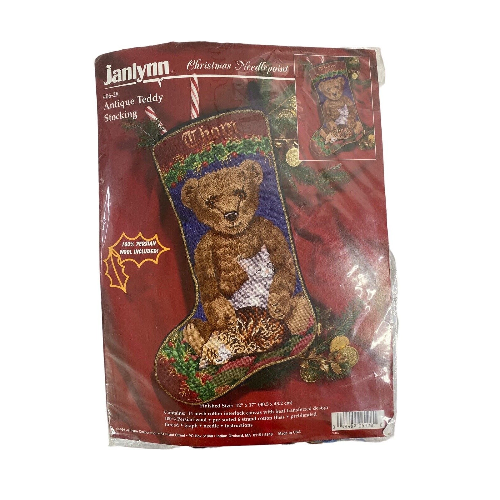 JANLYNN *NEW* Holiday Needlepoint Stocking Kit Antique Teddy with Kittens #06-28