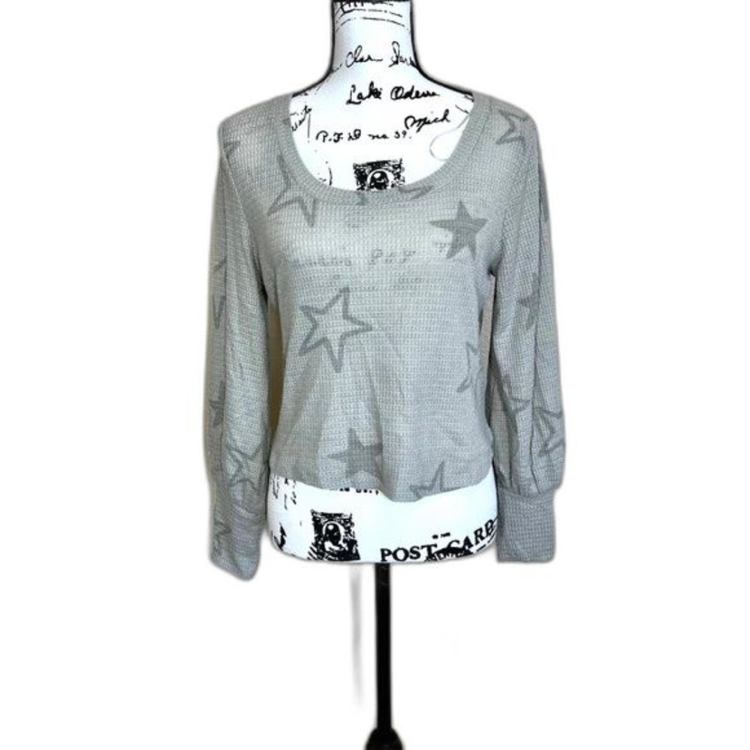 Pink Rose grey top waffle knit star Long sleeve crop top size M coastal Cozie
